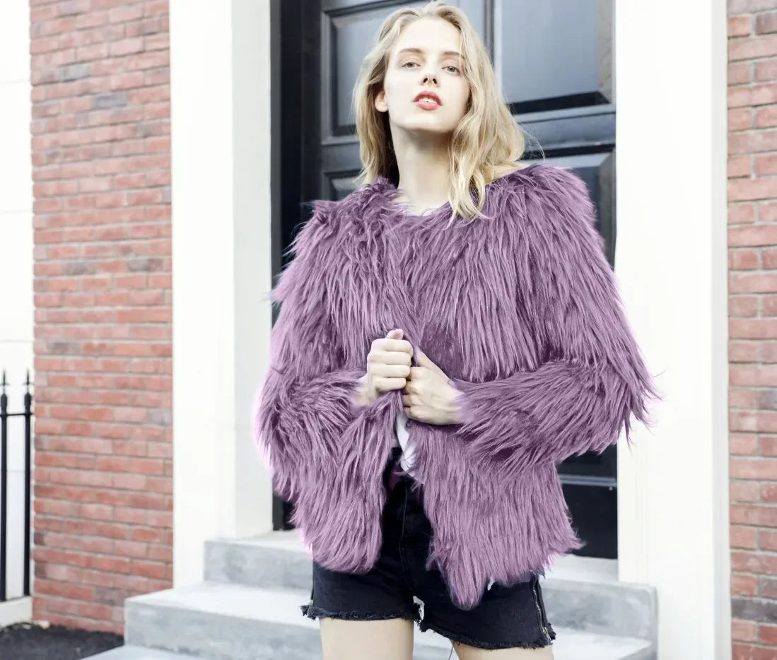Women Faux Fur Coat Long Sleeve Covered Button Cardigan Thick Warm Fur Jackets Color Loose Casual Slim Y2k Round Neck Autumn