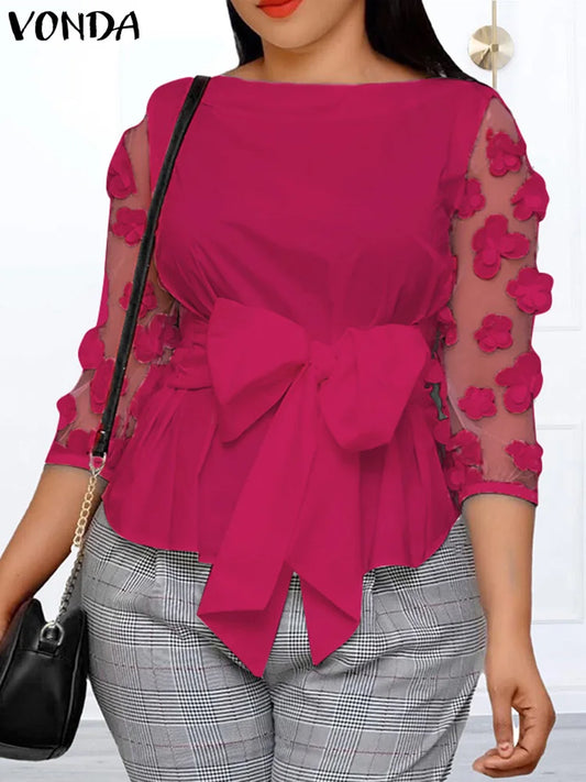 VONDA Bohemian Women Tops Mesh Patchwork Blouses Belted 2024 Summer Casual Three-dimensional Flowers Loose Shirt Oversize Blusas
