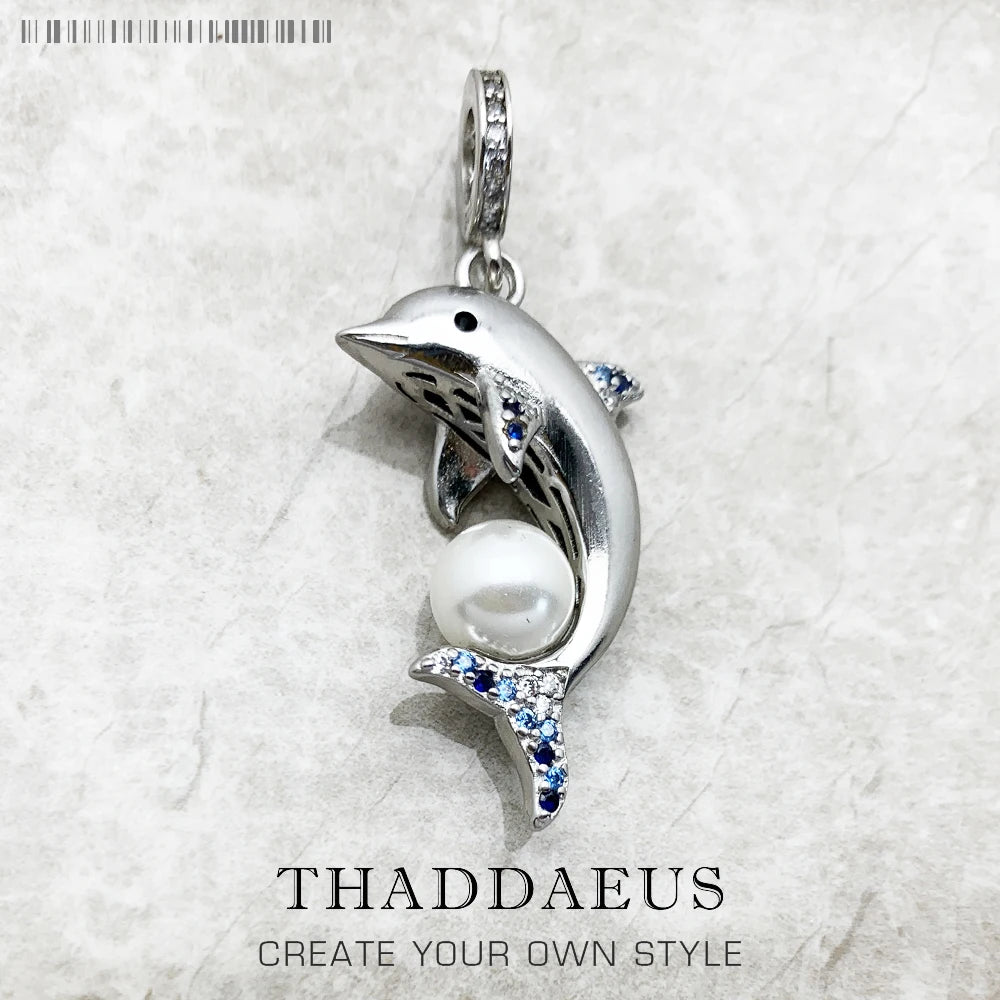 Dolphin With Pearl 925 Sterling Silver Dangle Charm Pendant Women Summer Fine Jewelry