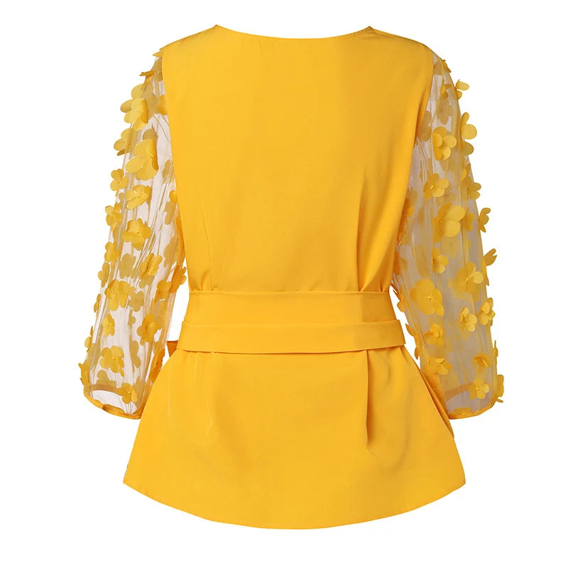VONDA Bohemian Women Tops Mesh Patchwork Blouses Belted 2024 Summer Casual Three-dimensional Flowers Loose Shirt Oversize Blusas