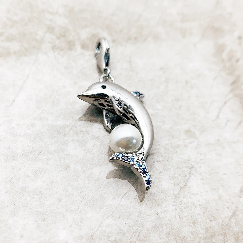 Dolphin With Pearl 925 Sterling Silver Dangle Charm Pendant Women Summer Fine Jewelry