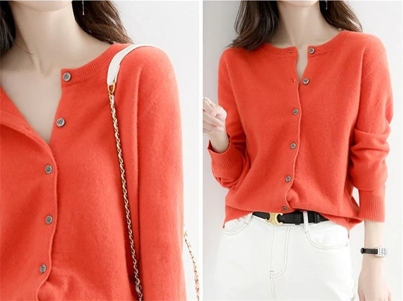 2024 Cashmere Sweater Cardigan Women Single Breasted Long Sleeve Elegant Vintage Jumper Solid Wool Knitted Autumn Winter Outwear