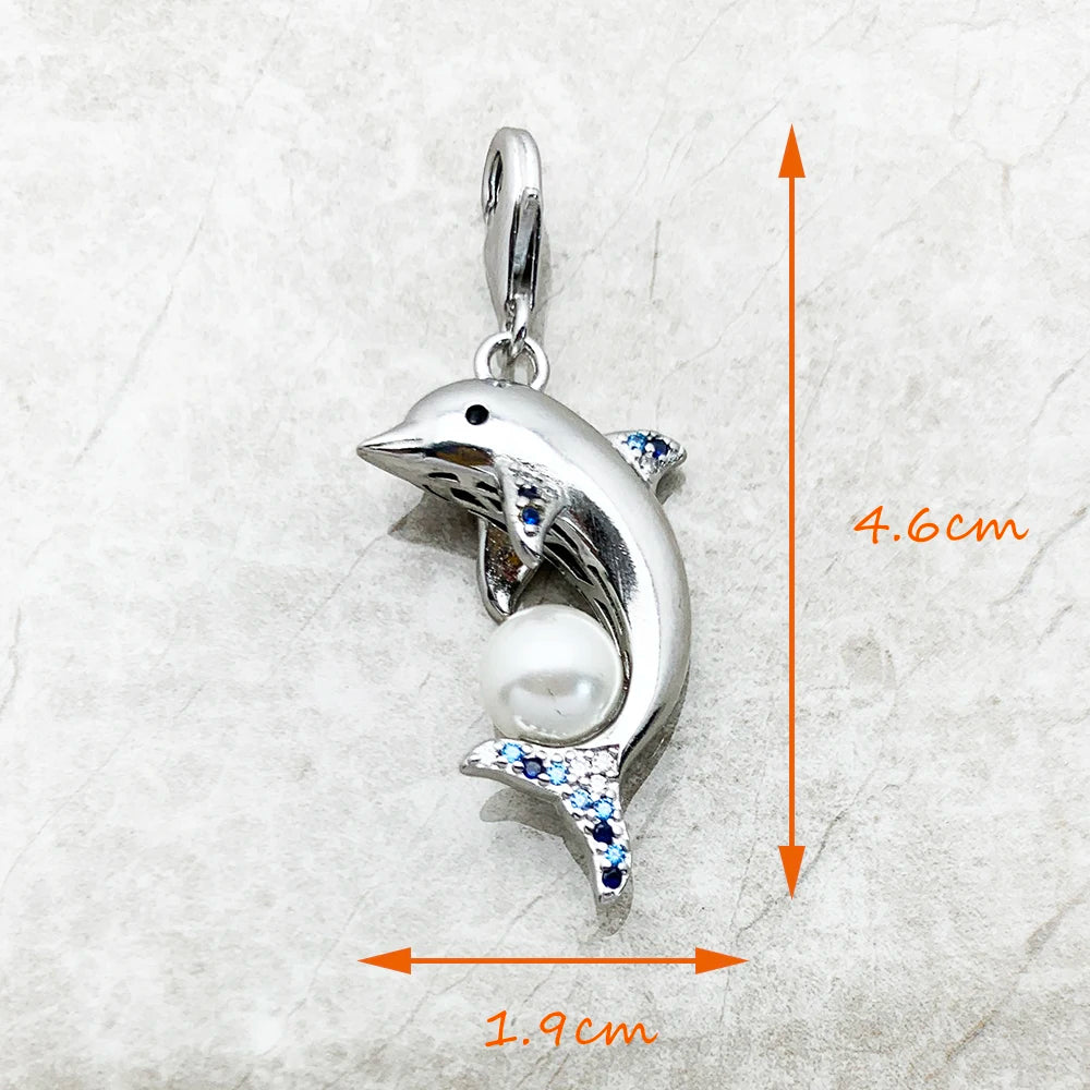 Dolphin With Pearl 925 Sterling Silver Dangle Charm Pendant Women Summer Fine Jewelry