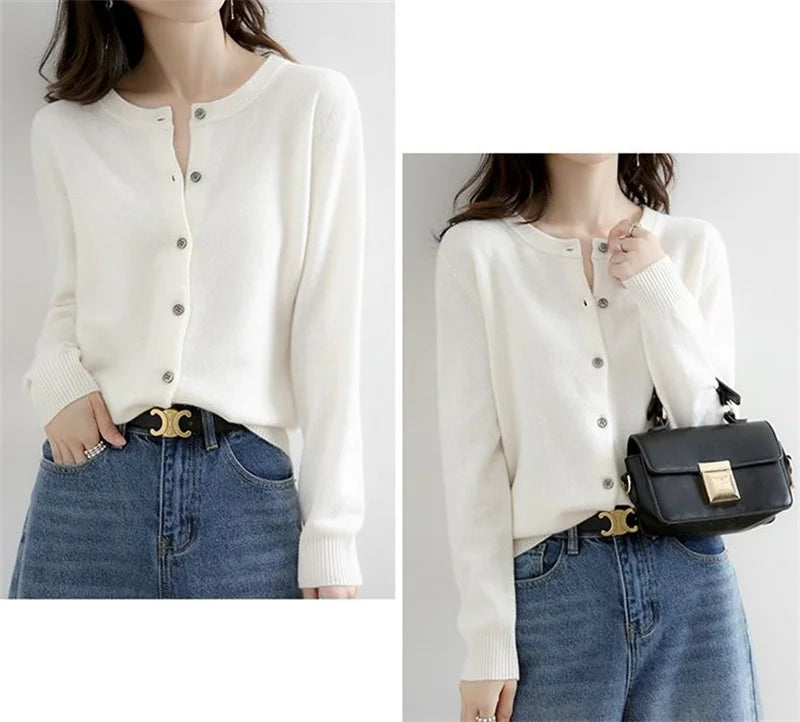 2024 Cashmere Sweater Cardigan Women Single Breasted Long Sleeve Elegant Vintage Jumper Solid Wool Knitted Autumn Winter Outwear
