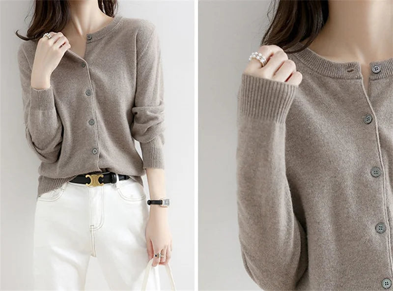2024 Cashmere Sweater Cardigan Women Single Breasted Long Sleeve Elegant Vintage Jumper Solid Wool Knitted Autumn Winter Outwear
