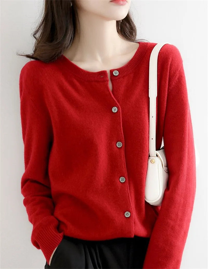 2024 Cashmere Sweater Cardigan Women Single Breasted Long Sleeve Elegant Vintage Jumper Solid Wool Knitted Autumn Winter Outwear