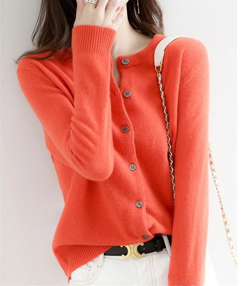 2024 Cashmere Sweater Cardigan Women Single Breasted Long Sleeve Elegant Vintage Jumper Solid Wool Knitted Autumn Winter Outwear