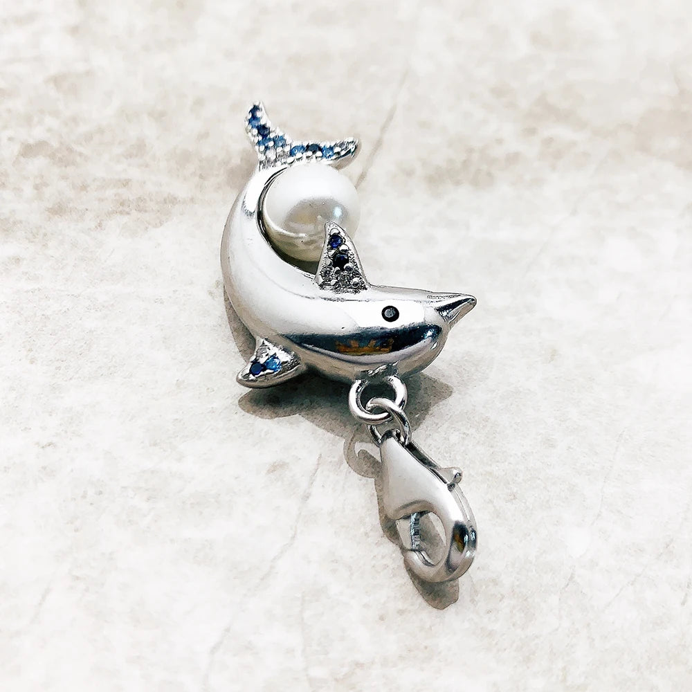 Dolphin With Pearl 925 Sterling Silver Dangle Charm Pendant Women Summer Fine Jewelry