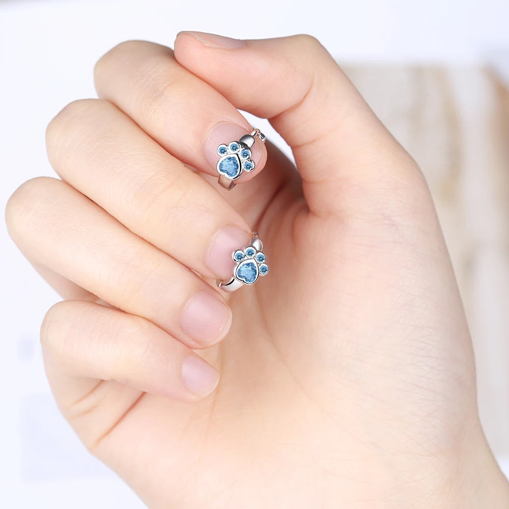 Simple Cute 925 Sterling SIlver Animal Cat Paw Mark Blue Mosaic Zircon Crystal Earrings For Women Promise Wedding Band Jewelry