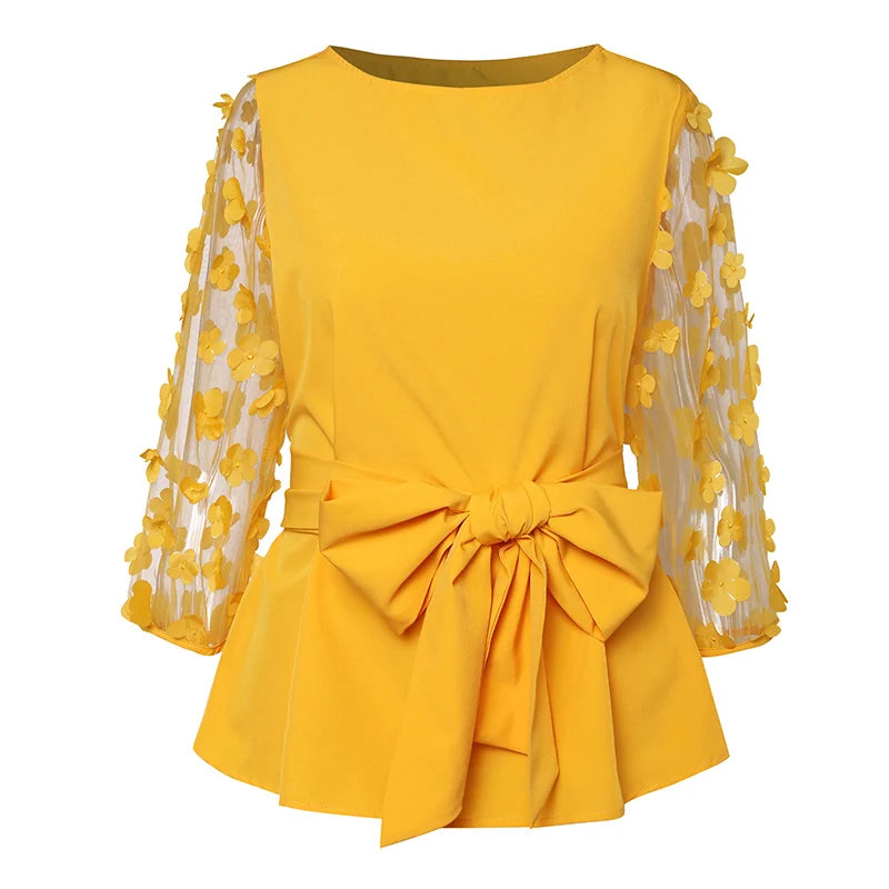VONDA Bohemian Women Tops Mesh Patchwork Blouses Belted 2024 Summer Casual Three-dimensional Flowers Loose Shirt Oversize Blusas
