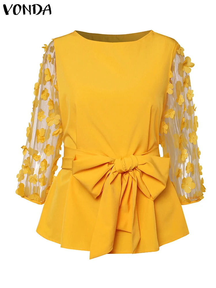 VONDA Bohemian Women Tops Mesh Patchwork Blouses Belted 2024 Summer Casual Three-dimensional Flowers Loose Shirt Oversize Blusas