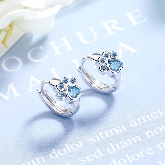 Simple Cute 925 Sterling SIlver Animal Cat Paw Mark Blue Mosaic Zircon Crystal Earrings For Women Promise Wedding Band Jewelry